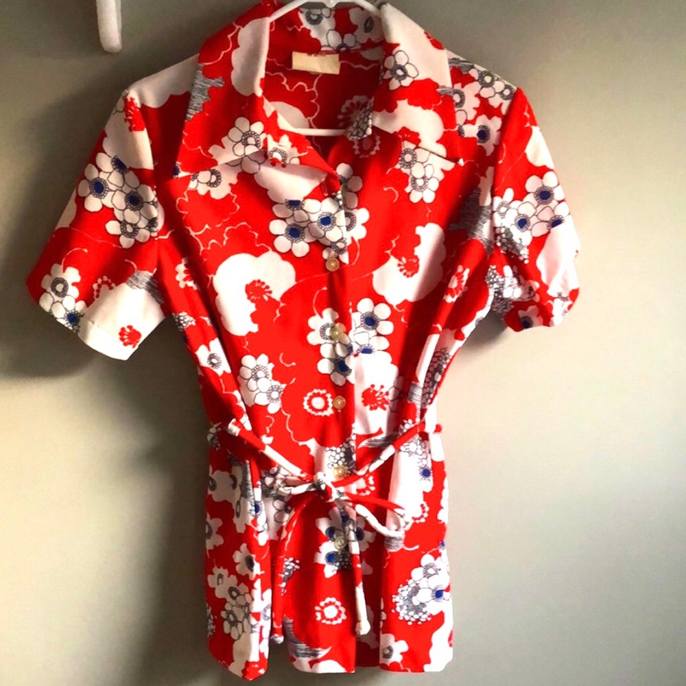 70s Vintage Top Hippie Floral Disco Button Up Shirt Blouse Size M